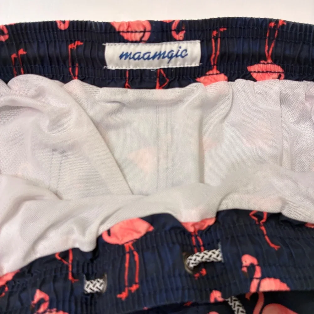 Maamgic Mens Flamingo Print Swim Trunks Navy Blue Pink Mesh Lined Shorts Small‎